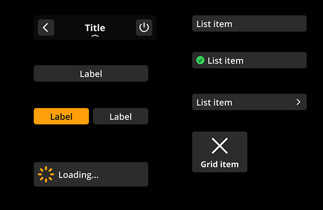 SeedSigner UI components: navigation bar with back arrow and power icon, single and paired button variants, loading indicator, list items in plain, icon, and chevron styles, and a grid item tile