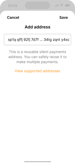 Address entry screen with inline validation for a silent payments address